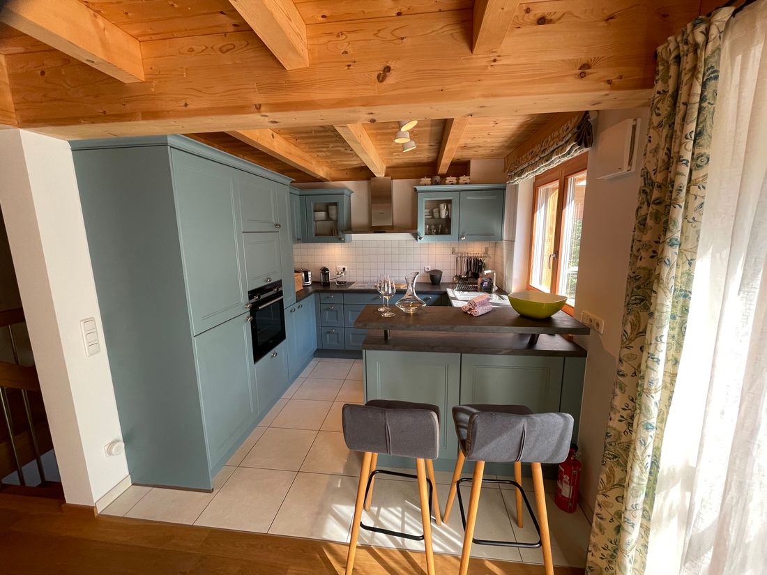 Küche mit Spülmaschine, Ofen, Induktionsherdplatte und Mikrowelle